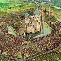 Ancient Architecture of Medieval Castle with Intricate Towers Spires and Dragon Over Mountain Sunset