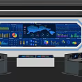 Futuristic Control Room With Large Digital Screen Data Displays Workstations And Ergonomic Chairs
