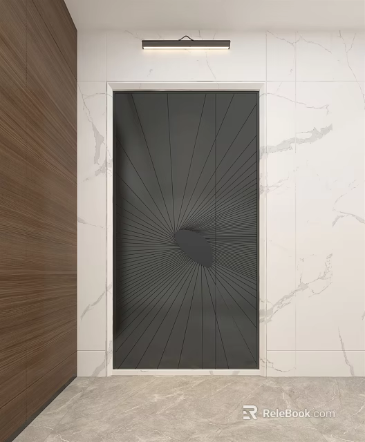 Modern Black Hinged Door With Radial Line Design And Marble Wooden Walls 3d model 