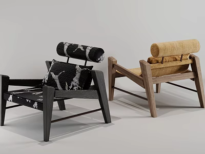 Two Modern Leisure Chairs With Wooden Frames And Patterned Solid Color Cushions 3d model
