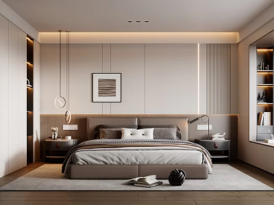 Minimalist Modern Bedroom Interior with Neutral Tones Linen Bedding Pendant Lights and Framed Art 3d model