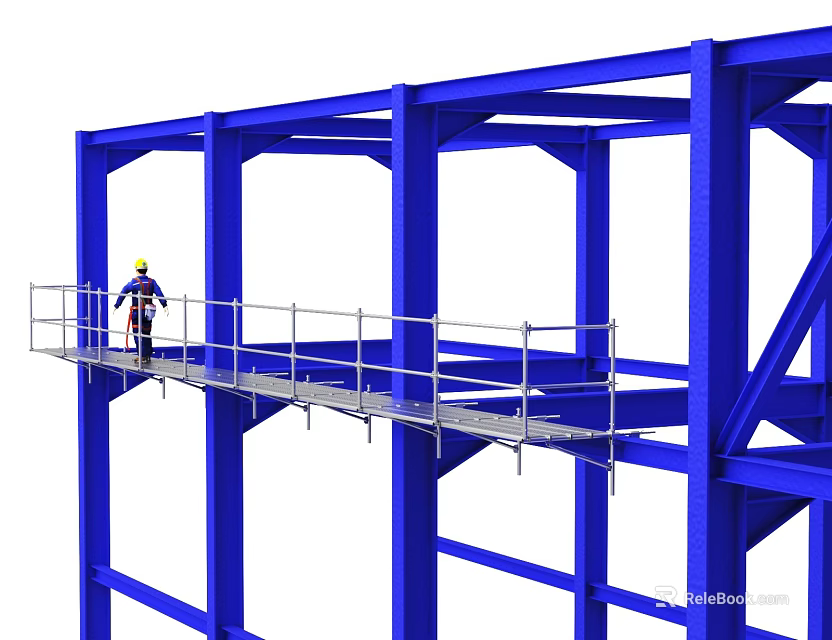 Blue Steel Structure Frame With Worker On Scaffolding At Construction Site 3d model 
