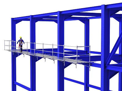 Blue Steel Structure Frame With Worker On Scaffolding At Construction Site 3d model