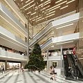 Spacious Shopping Mall Atrium With Christmas Tree Decorations Escalators And Warm Lighting 3d model