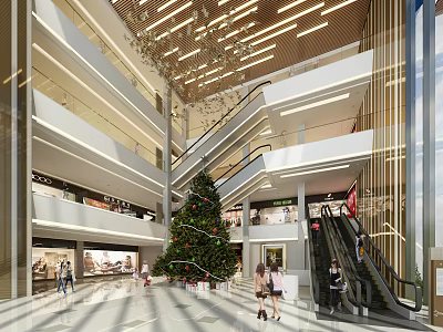 Spacious Shopping Mall Atrium With Christmas Tree Decorations Escalators And Warm Lighting 3d model