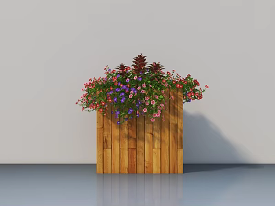 Potted Flowers In Wooden Planter Box With Red Purple Pink Blooms And Green Leaves 3d model