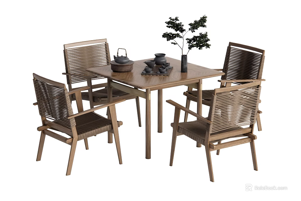Stylish Wooden Dining Table Set With Rattan Chairs Teapot Cups And Potted Plant 3d model 