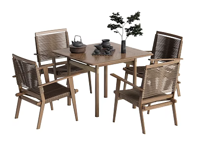 Stylish Wooden Dining Table Set With Rattan Chairs Teapot Cups And Potted Plant 3d model