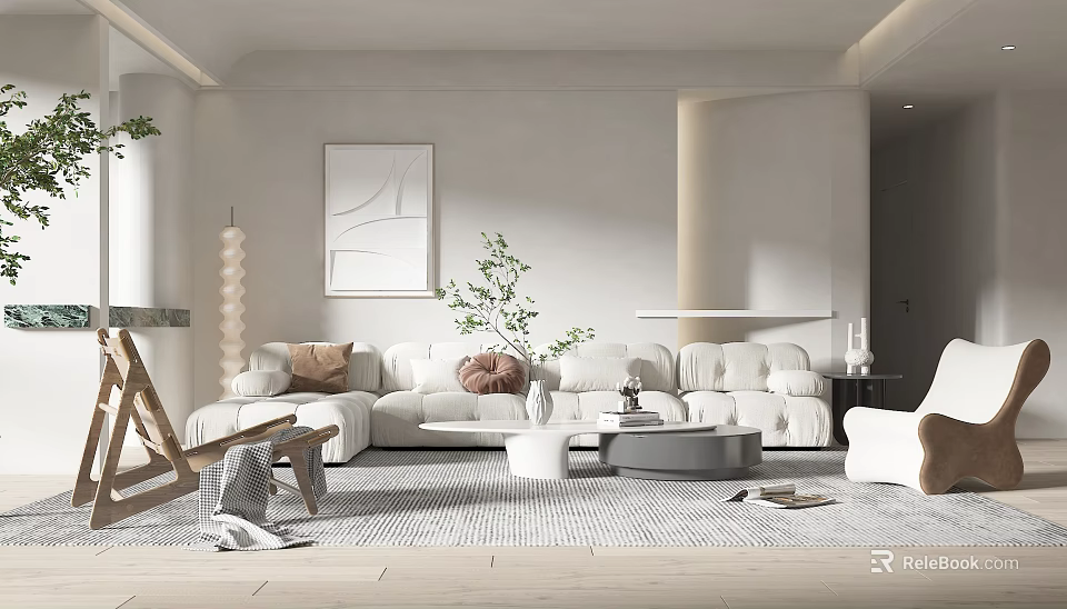 Modern Minimalist Living Room Interior Design With White Sofa Green Plant Wall Art And Patterned Rug 3d model 