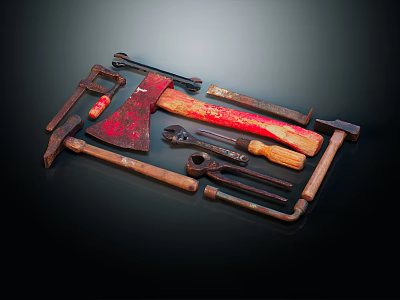 Various Metal Hardware Tools Including Axe Wrench Hammer Pliers and Screwdriver 3d model
