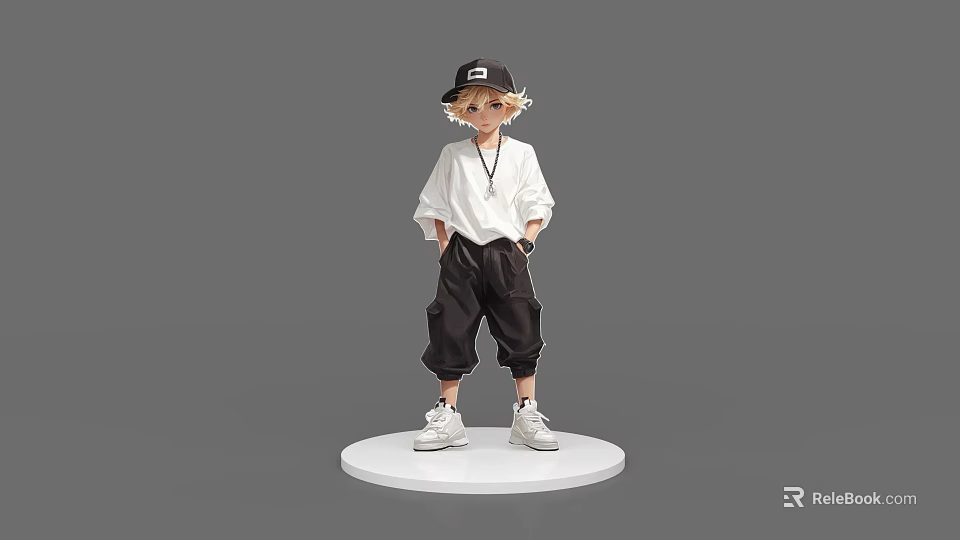 Game Movie Character in Black Cap Blonde Hair White Shirt Black Baggy Pants on Platform 3d model 