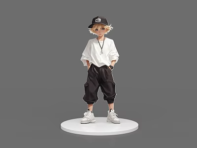 Game Movie Character in Black Cap Blonde Hair White Shirt Black Baggy Pants on Platform 3d model