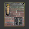Orange Curved Pipe On Brick Floor With Textured Wall And Metal Grate
