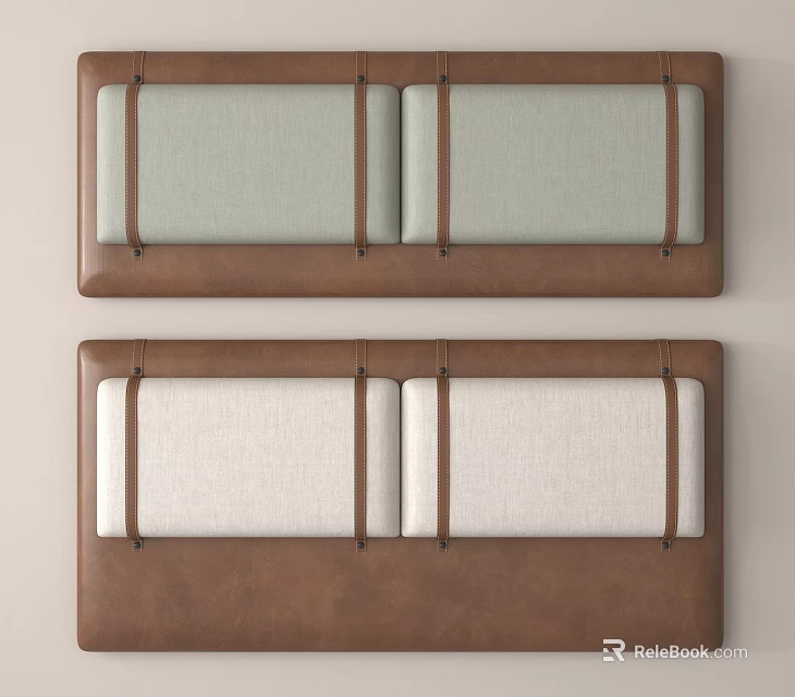 Upholstered Headboard Designs With Brown Leather Frame And Light Green Cream Fabric Panels 3d model 