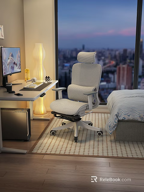 Ergonomic Gray Mesh Office Chair in Bedroom with Desk Computer and City View Window 3d model 