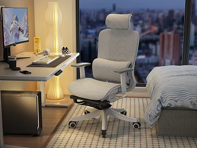 Ergonomic Gray Mesh Office Chair in Bedroom with Desk Computer and City View Window 3d model