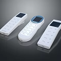 Three Modern White Electronic Remote Controls With Display Screens And Buttons