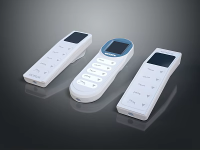 Three Modern White Electronic Remote Controls With Display Screens And Buttons 3d model