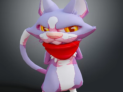 3D Cartoon Cat Character With Purple White Fur Red Scarf Yellow Eyes Standing Pose 3d model