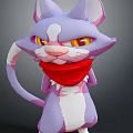 3D Cartoon Cat Character With Purple White Fur Red Scarf Yellow Eyes Standing Pose