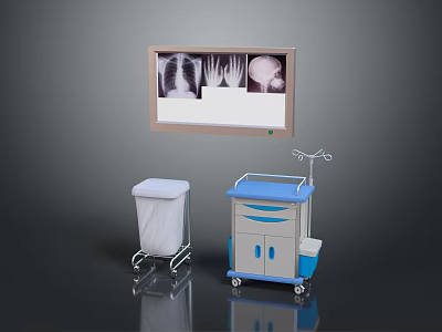 Medical Imaging Monitor Showing X Ray Images With Mobile Cart And Waste Bin 3d model