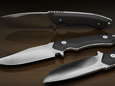 Tactical Weapon Knives With Black Handles And Stainless Steel Blades On Wooden Surface 3d model