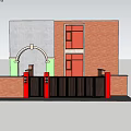 Modern Black And Wooden Entrance Gate With Vertical Slats Stone Pillars And Red Brick Building