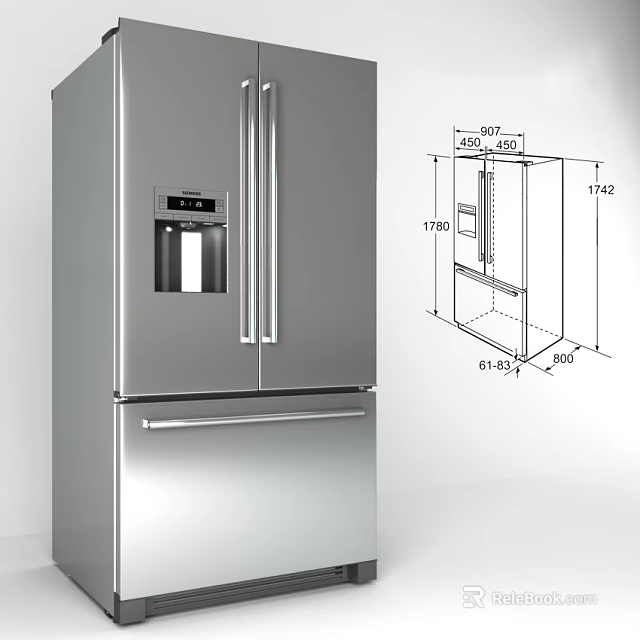 Stainless Steel French Door Refrigerator Freezer With Drawer And Dimension Details 3d model 