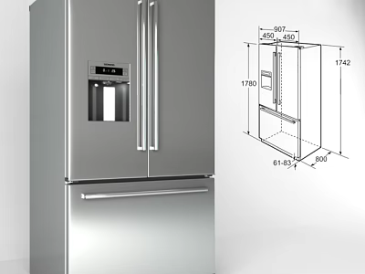 Stainless Steel French Door Refrigerator Freezer With Drawer And Dimension Details 3d model
