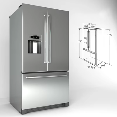 Stainless Steel French Door Refrigerator Freezer With Drawer And Dimension Details 3d model