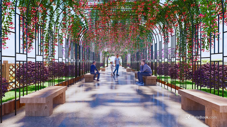 Scenic Pergola With Green Vines Red Flowers Benches Stone Pathway And People Walking 3d model 
