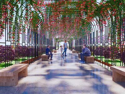 Scenic Pergola With Green Vines Red Flowers Benches Stone Pathway And People Walking 3d model