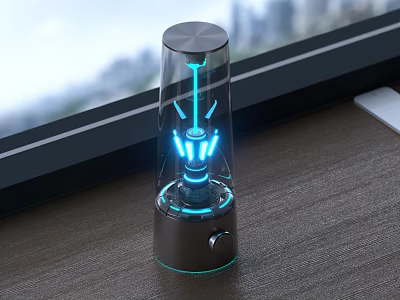 Modern Tabletop Decorative Ornament With Transparent Glass Shade Blue Glow And Metal Base 3d model