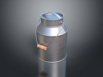 Classic Metal Milk Can With Wooden Handle And Shiny Surface On Dark Backdrop 3d model