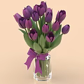 Transparent Glass Vase with Purple Tulips Green Leaves and Purple Ribbon Bow