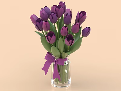 Transparent Glass Vase with Purple Tulips Green Leaves and Purple Ribbon Bow 3d model