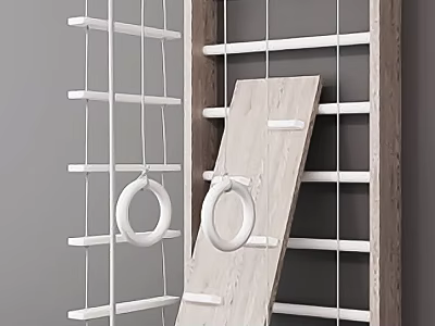 Wooden Kids Play Equipment With White Hanging Rings And Climbing Frame Structures 3d model