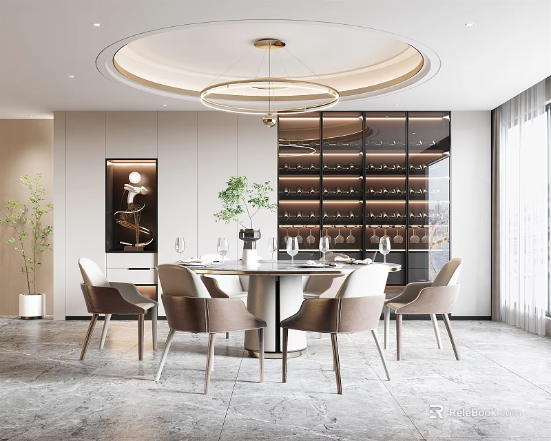 Modern Restaurant Interior With Round Dining Table Beige Chairs Chandelier And Wine Rack 3d model 