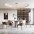 Modern Restaurant Interior With Round Dining Table Beige Chairs Chandelier And Wine Rack