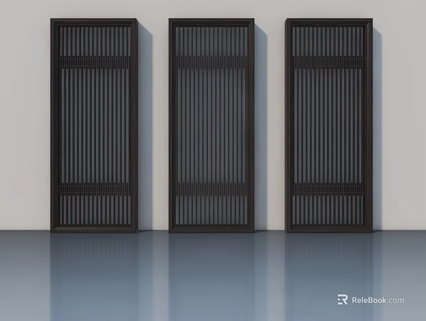 Three Dark colored Modern Swing Doors With Vertical Lattice Design And Light Wall 3d model