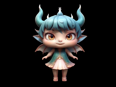 Cute Fantasy Doll With Blue Hair Horns Wings And Pink And Green Dress 3d model