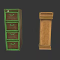 Two Classic Wooden Furniture Pieces Dark Chest With Four Drawers And Light Decorative Column
