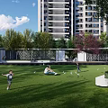 Residential Landscape Design With Green Lawn Trees Geometric Pathways And Seating Areas