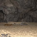 Cave Interior With Rocky Walls Sandy Ground Driftwood Branches And Animal Hide