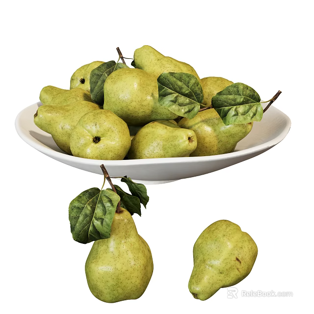 White Ceramic Bowl Filled with Fresh Green Pears and Leaves 3d model 