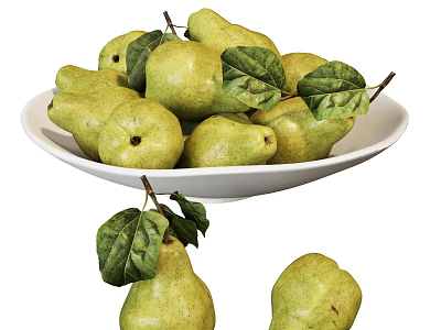 White Ceramic Bowl Filled with Fresh Green Pears and Leaves 3d model