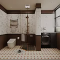 Modern Bathroom Interior With Glass Shower Toilet Washing Machine And Patterned Tiles