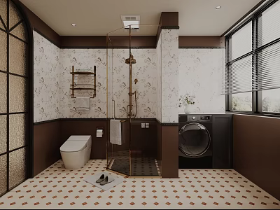 Modern Bathroom Interior With Glass Shower Toilet Washing Machine And Patterned Tiles 3d model