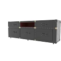 Black Entryway Console Cabinet With Multiple Drawers Red Lined Compartment Metal Accents And Wheels