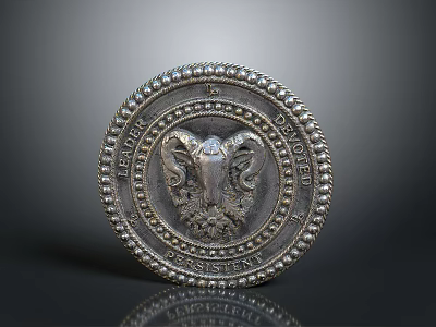 Circular Metal Decorative Home Item With Ram Head Relief And Decorative Beads 3d model